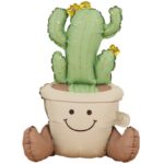 Balon din Folie Metalizata, Embo, Figurina Animata, Model Ghivechi Cactus, 57.5 x 56 cm, Ambalaj Individual, Pai Inclus, Umflare cu Aer sau Heliu, Verde