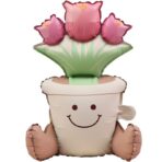 Balon din Folie Metalizata, Embo, Figurina Animata, Model Ghiveci de Flori, 58 x 55 cm, Ambalaj Individual, Pai Inclus, Umflare cu Aer sau Heliu, Roz