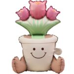 Balon din Folie Metalizata, Embo, Figurina Animata, Model Ghiveci de Flori, 58 x 55 cm, Ambalaj Individual, Pai Inclus, Umflare cu Aer sau Heliu, Roz