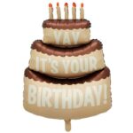 Balon din Folie Metalizata, Embo, Figurina Animata, Model Tort Aniversar, 102.5 x 63 cm, Ambalaj Individual, Pai Inclus, Umflare cu Aer sau Heliu, Maro