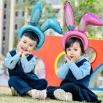 Balon din Folie Metalizata, Embo, Tip Coronita cu Urechi, Model Iepure, Ambalaj Individual, Pai Inclus, Umflare cu Aer sau Heliu, 38 x 45 cm, Albastru - imagine 2