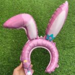 Balon din Folie Metalizata, Embo, Tip Coronita cu Urechi, Model Iepure, Ambalaj Individual, Pai Inclus, Umflare cu Aer sau Heliu, 38 x 45 cm, Roz - imagine 3