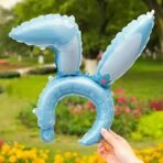 Balon din Folie Metalizata, Embo, Tip Coronita cu Urechi, Model Iepure, Ambalaj Individual, Pai Inclus, Umflare cu Aer sau Heliu, 38 x 45 cm, Albastru - imagine 3