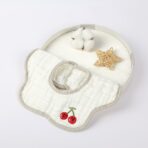 Baveta Tip Floare, Embo, din Bumbac, pentru Copii 0-12 Luni, Rezistenta la apa, 8 Straturi, Model Tricotat cu Cirese, 26 x 29 cm, Alb - imagine 2