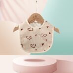 Baveta in Forma de U, Embo, din Bumbac, pentru Copii 0-12 Luni, Rezistenta la Apa, cu Capse, Model cu Inimoare, 21x30 cm, Bej - imagine 2