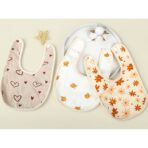 Baveta in Forma de U, Embo, din Bumbac, pentru Copii 0-12 Luni, Rezistenta la Apa, cu Capse, Model cu Inimoare, 21x30 cm, Bej - imagine 3
