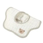 Baveta Tip Floare, Embo, din Bumbac, pentru Copii 0-12 Luni, Rezistenta la apa, 8 Straturi, Model Tricotat cu Ursulet, 26 x 29 cm, Alb