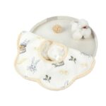 Baveta Tip Floare, Embo, din Bumbac, pentru Copii 0-12 Luni, Rezistenta la apa, cu Capse, Model cu Iepurasi, 26 x 29 cm, Alb