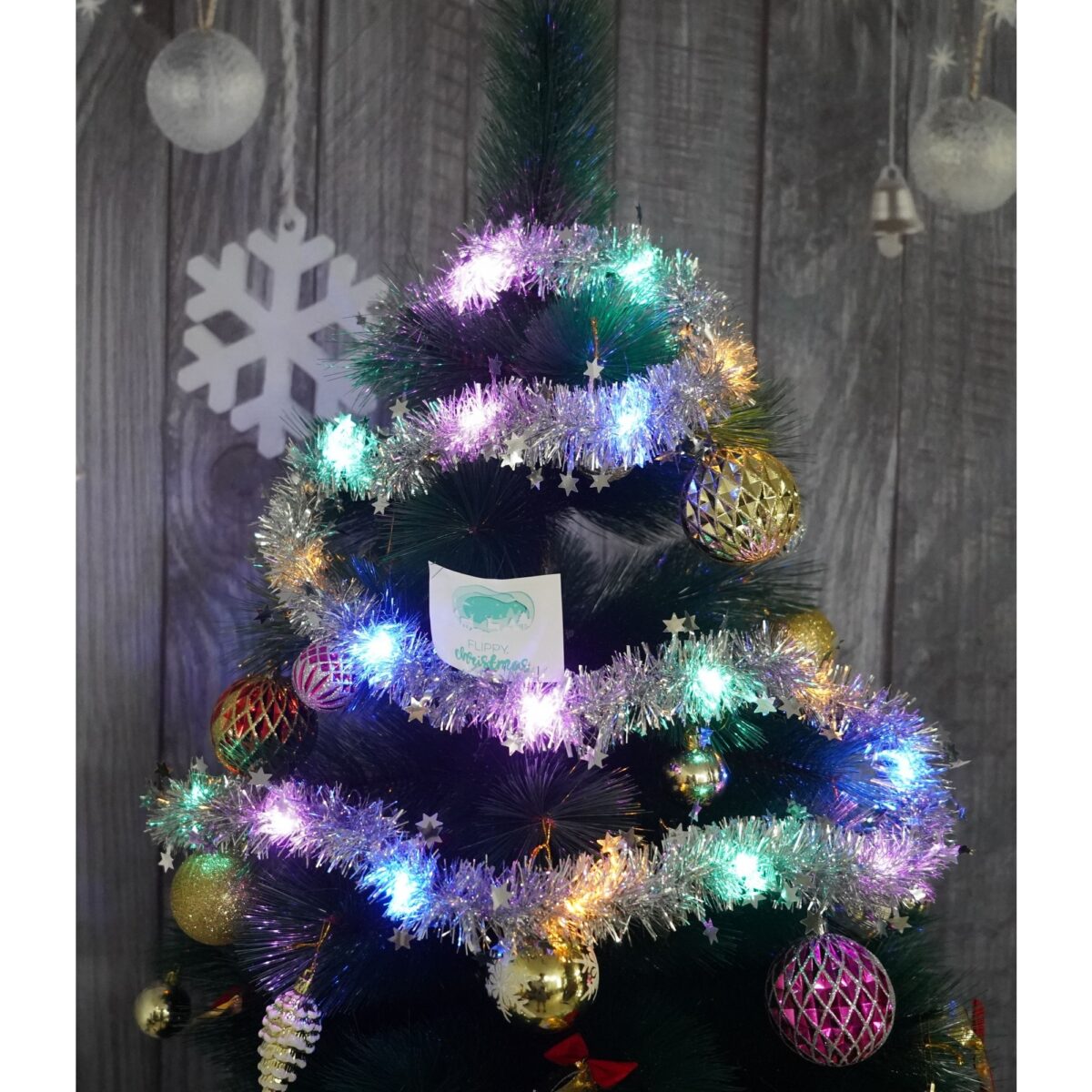 Beteala Craciun cu LED, Argintie, model cu stelute, 2 m x 5 cm, PVC, Sir, Artificiala, Embo - imagine 2