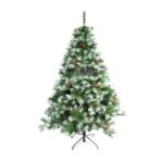 Brad artificial de Craciun nins, decorat cu conuri pin, pentru interior/exterior, inaltime 210 cm, diametru 147 cm, 1150 ramuri, Embo, verde, suport metalic inclus