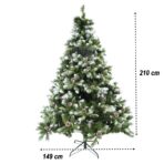 Brad artificial de Craciun nins, decorat cu conuri pin, pentru perete/colt, inaltime 210 cm, diametru 149 cm, 1224 ramuri, Embo, verde, suport metalic inclus - imagine 6