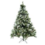 Brad artificial de Craciun nins, decorat cu conuri pin, pentru perete/colt, inaltime 210 cm, diametru 149 cm, 1224 ramuri, Embo, verde, suport metalic inclus