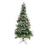 Brad artificial de Craciun nins, decorat cu conuri pin rosii, inaltime 210 cm, diametru 106 cm, 643 ramuri, Embo, verde, suport metalic inclus
