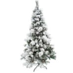 Brad artificial de Craciun nins intens, decorat cu conuri pin, pentru interior/exterior, inaltime 180 cm, diametru 120 cm, 502 ramuri, Embo, alb/verde, suport metalic inclus