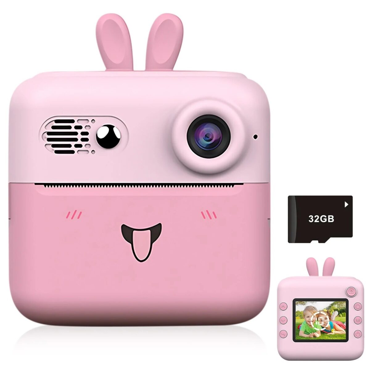Camera Instantanee pentru Copii, Embo, cu Functie de Printare, Cablu USB-C, Bluetooth, Compatibil iOS/Android, Imprimare APP, Model Iepure, Snur de Agatat Inclus, Roz - imagine 3