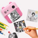 Camera Instantanee pentru Copii, Embo, cu Functie de Printare, Cablu USB-C, Bluetooth, compatibil iOS/Android, Imprimare APP, Model Urechi, Snur Subtire Inclus, Roz - imagine 5