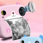 Camera Instantanee pentru Copii, Embo, cu Functie de Printare, Camera Frontala + Selfie, Cablu USB-C, Bluetooth, Compatibil iOS/Android, Imprimare APP, Model Pisica, Roz - imagine 2