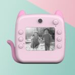 Camera Instantanee pentru Copii, Embo, cu Functie de Printare, Camera Frontala + Selfie, Cablu USB-C, Bluetooth, Compatibil iOS/Android, Imprimare APP, Model Pisica, Roz - imagine 3