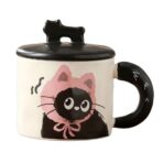 Cana din Ceramica, Embo, Model in Cutie pentru Cadou, Cana pentru Ceai, Cafea, Cana Retro Design Capac cu Figurina 3D, 9.5 x 8 x 8 cm, 360 ml, Bej, Print Pisica Roz Negru