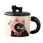 Cana din Ceramica, Embo, Model in Cutie pentru Cadou, Cana pentru Ceai, Cafea, Cana Retro Design Capac cu Figurina 3D, 9.5 x 8 x 8 cm, 360 ml, Bej, Print Pisica Roz Negru
