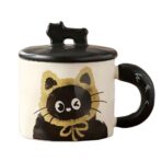 Cana din Ceramica, Embo, Model in Cutie pentru Cadou, Cana pentru Ceai, Cafea, Cana Retro Design Capac cu Figurina 3D, 9.5 x 8 x 8 cm, 360 ml, Bej, Print Pisica Galben Negru