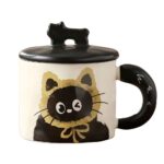 Cana din Ceramica, Embo, Model in Cutie pentru Cadou, Cana pentru Ceai, Cafea, Cana Retro Design Capac cu Figurina 3D, 9.5 x 8 x 8 cm, 360 ml, Bej, Print Pisica Galben Negru