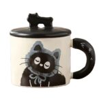 Cana din Ceramica, Embo, Model in Cutie pentru Cadou, Cana pentru Ceai, Cafea, Cana Retro Design Capac cu Figurina 3D, 9.5 x 8 x 8 cm, 360 ml, Bej, Print Pisica Albastru Negru