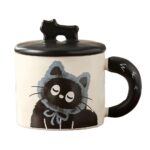 Cana din Ceramica, Embo, Model in Cutie pentru Cadou, Cana pentru Ceai, Cafea, Cana Retro Design Capac cu Figurina 3D, 9.5 x 8 x 8 cm, 360 ml, Bej, Print Pisica Albastru Negru