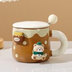 Cana din Ceramica, Embo, Model Urs pentru Baieti, Cana Universala, Cana pentru Ceai, Cana cu Lingura Metalica si Capac, 9.6 x  9.5 x 9.5 cm, 400 ml Maro inchis - imagine 2