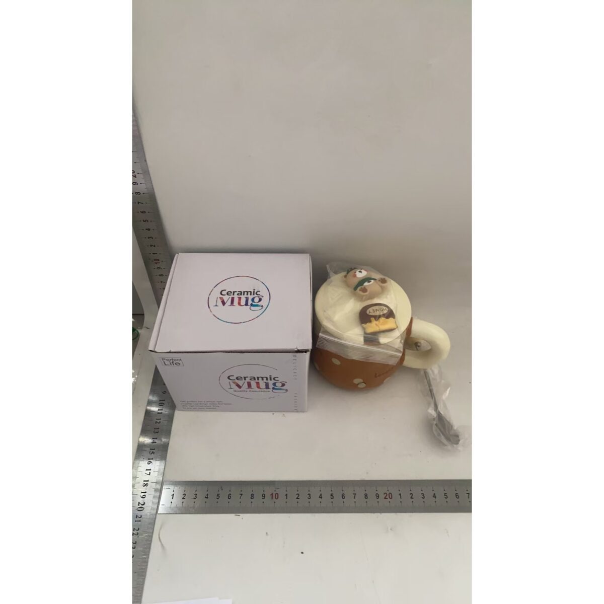 Cana din Ceramica, Embo, Model Urs pentru Baieti, Cana Universala, Cana pentru Ceai, Cana cu Lingura Metalica si Capac, 9.6 x  9.5 x 9.5 cm, 400 ml Maro inchis - imagine 3