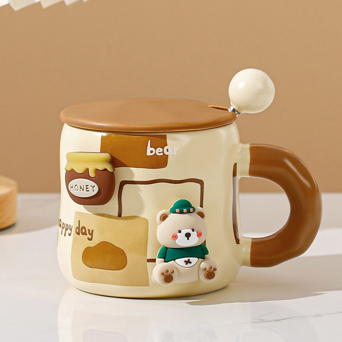 Cana din Ceramica, Embo, Model Urs pentru Baieti, Cana Universala, Cana pentru Ceai, Cana cu Lingura Metalica si Capac, 9.6 x  9.5 x 9.5 cm, 400 ml Bej - imagine 2