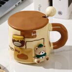 Cana din Ceramica, Embo, Model Urs pentru Baieti, Cana Universala, Cana pentru Ceai, Cana cu Lingura Metalica si Capac, 9.6 x  9.5 x 9.5 cm, 400 ml Bej - imagine 3