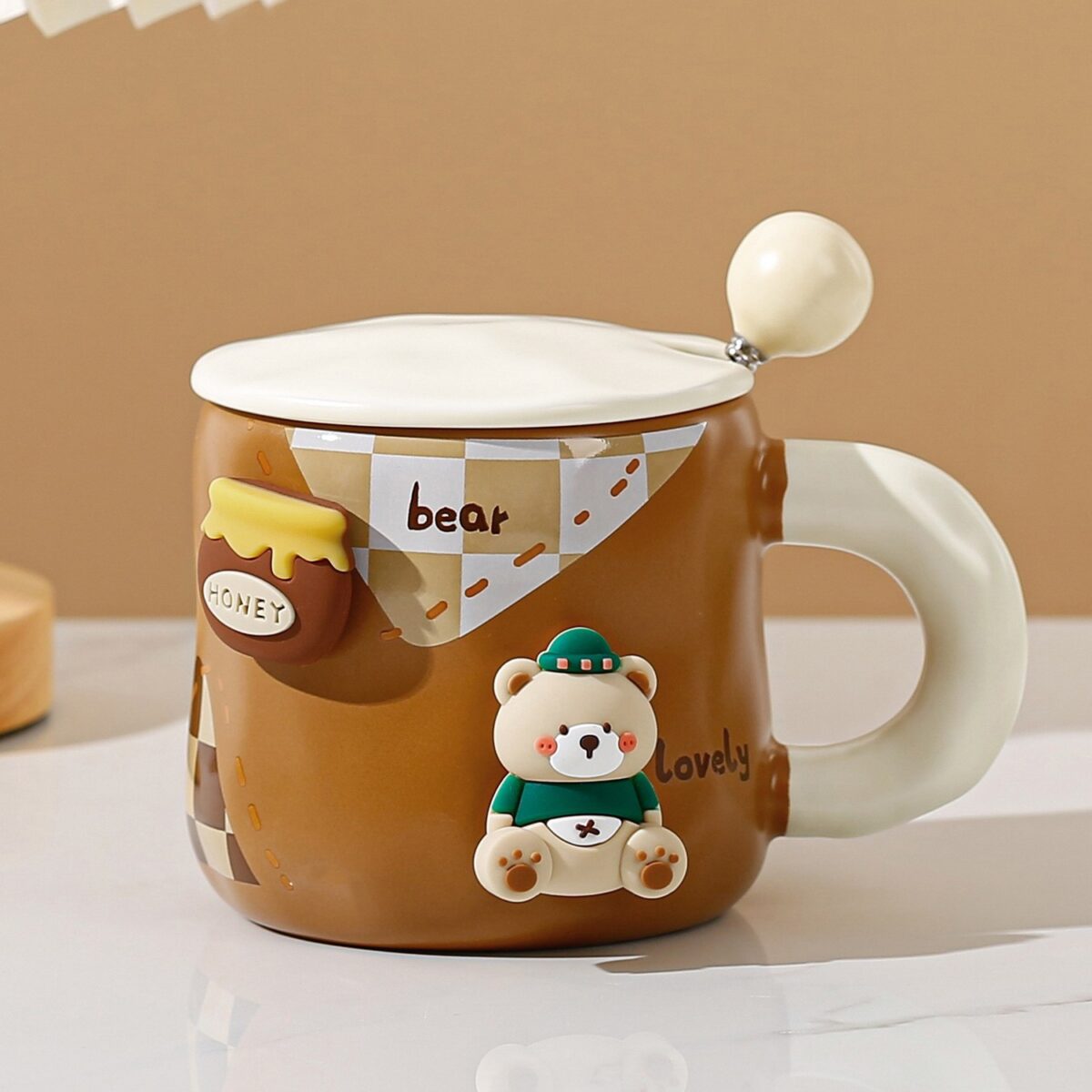 Cana din Ceramica, Embo, Model Urs pentru Baieti, Cana Universala, Cana pentru Ceai, Cana cu Lingura Metalica si Capac, 9.6 x 9.5 x 9.5 cm, 400 ml Maro - imagine 2