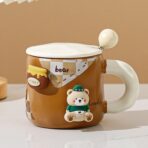 Cana din Ceramica, Embo, Model Urs pentru Baieti, Cana Universala, Cana pentru Ceai, Cana cu Lingura Metalica si Capac, 9.6 x 9.5 x 9.5 cm, 400 ml Maro - imagine 2