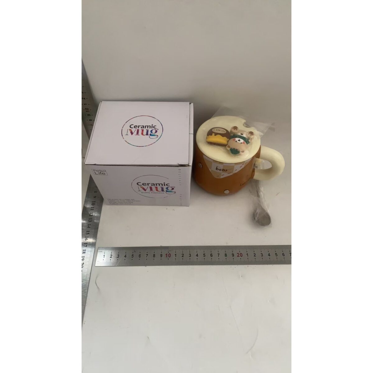 Cana din Ceramica, Embo, Model Urs pentru Baieti, Cana Universala, Cana pentru Ceai, Cana cu Lingura Metalica si Capac, 9.6 x 9.5 x 9.5 cm, 400 ml Maro - imagine 3