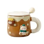Cana din Ceramica, Embo, Model Urs pentru Baieti, Cana Universala, Cana pentru Ceai, Cana cu Lingura Metalica si Capac, 9.6 x  9.5 x 9.5 cm, 400 ml Maro inchis