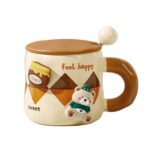 Cana din Ceramica, Embo, Model Urs pentru Baieti, Cana Universala, Cana pentru Ceai, Cana cu Lingura Metalica si Capac, 9.6 x 9.5 x 9.5 cm, 400 ml Crem