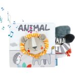 Carte Senzoriala, Embo, pentru Bebelusi, 15x16x6 cm, cu Animalute, 3D, Cu Sunete si Fosnete, 0-3 Ani, Model Leu, Gri - imagine 3