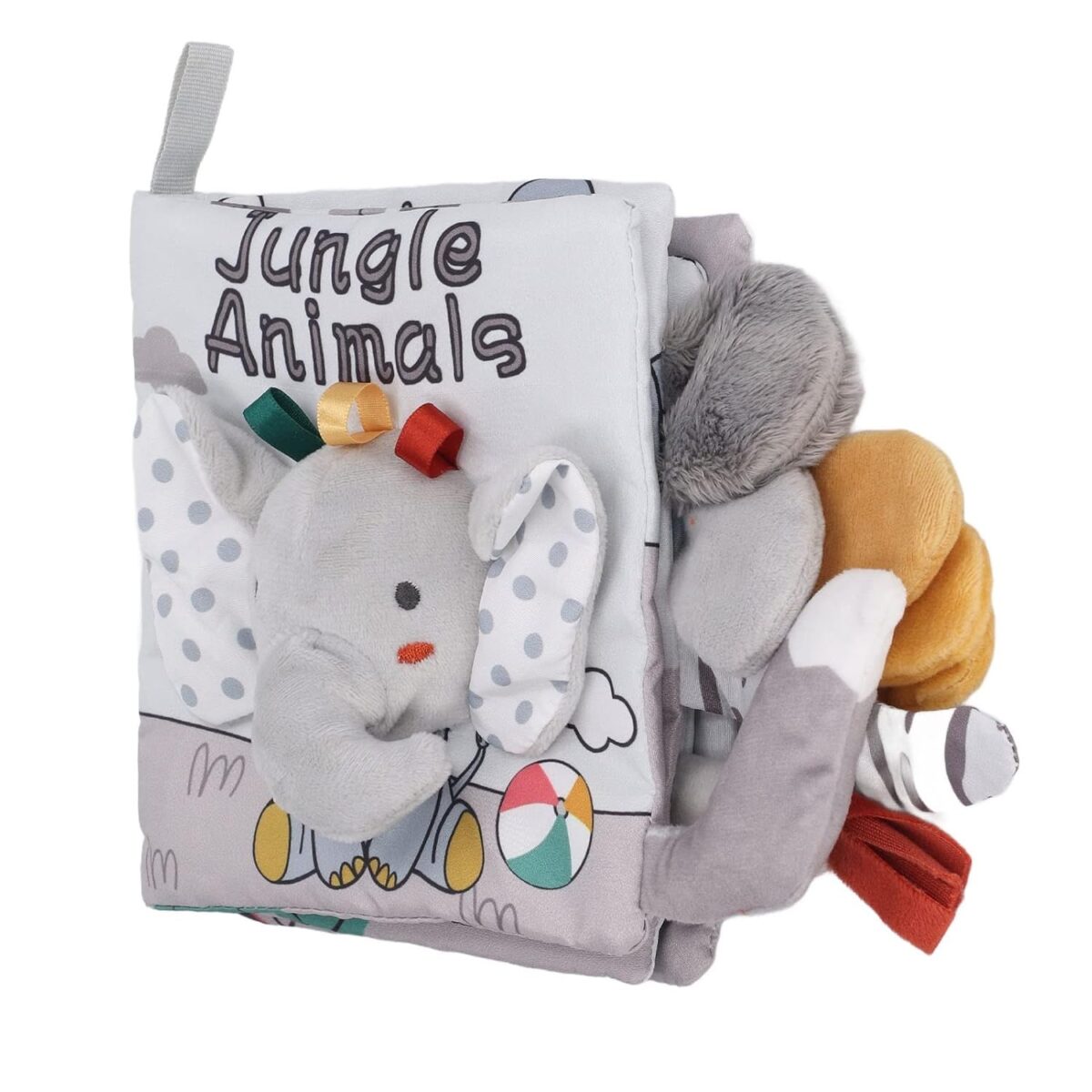 Carte Senzoriala, Embo, pentru Bebelusi, 15x16x6 cm, cu Animalute, 3D, Cu Sunete si Fosnete, 0-3 Ani, Model Elefantel, Gri - imagine 3