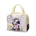 Geanta Termoizolanta pentru Copii, Embo, 23x13x19 cm, Model Imprimeu Vacuta, din Folie de Aluminiu si Panza Oxford, Bej