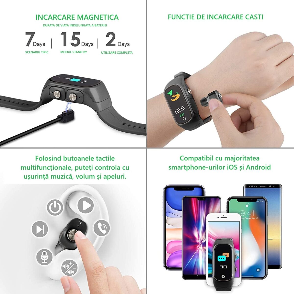 Ceas Smartwatch 2 in 1, cu Casti Bluetooth, N8 TWS, Plug in Lateral, Afisaj 1.47 inch, Rezolutie 172*320, Negru - imagine 2