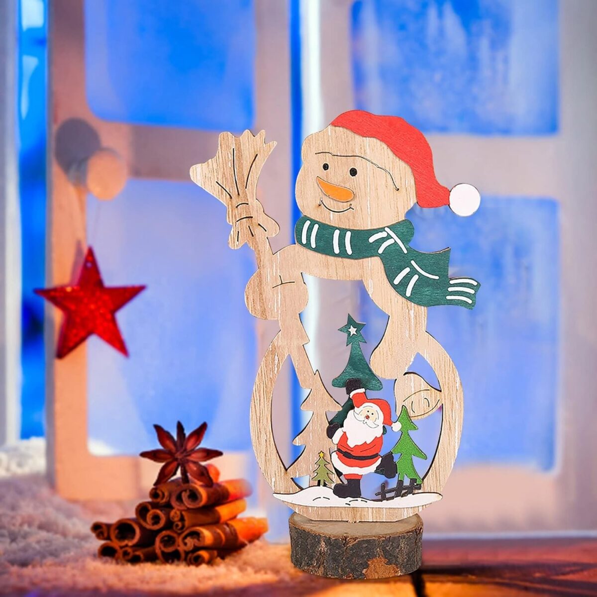 Decoratiune de Craciun, Embo, din Lemn, 11 x 20 cm, Model Om de Zapada cu Caciula Rosie, Multicolor - imagine 2