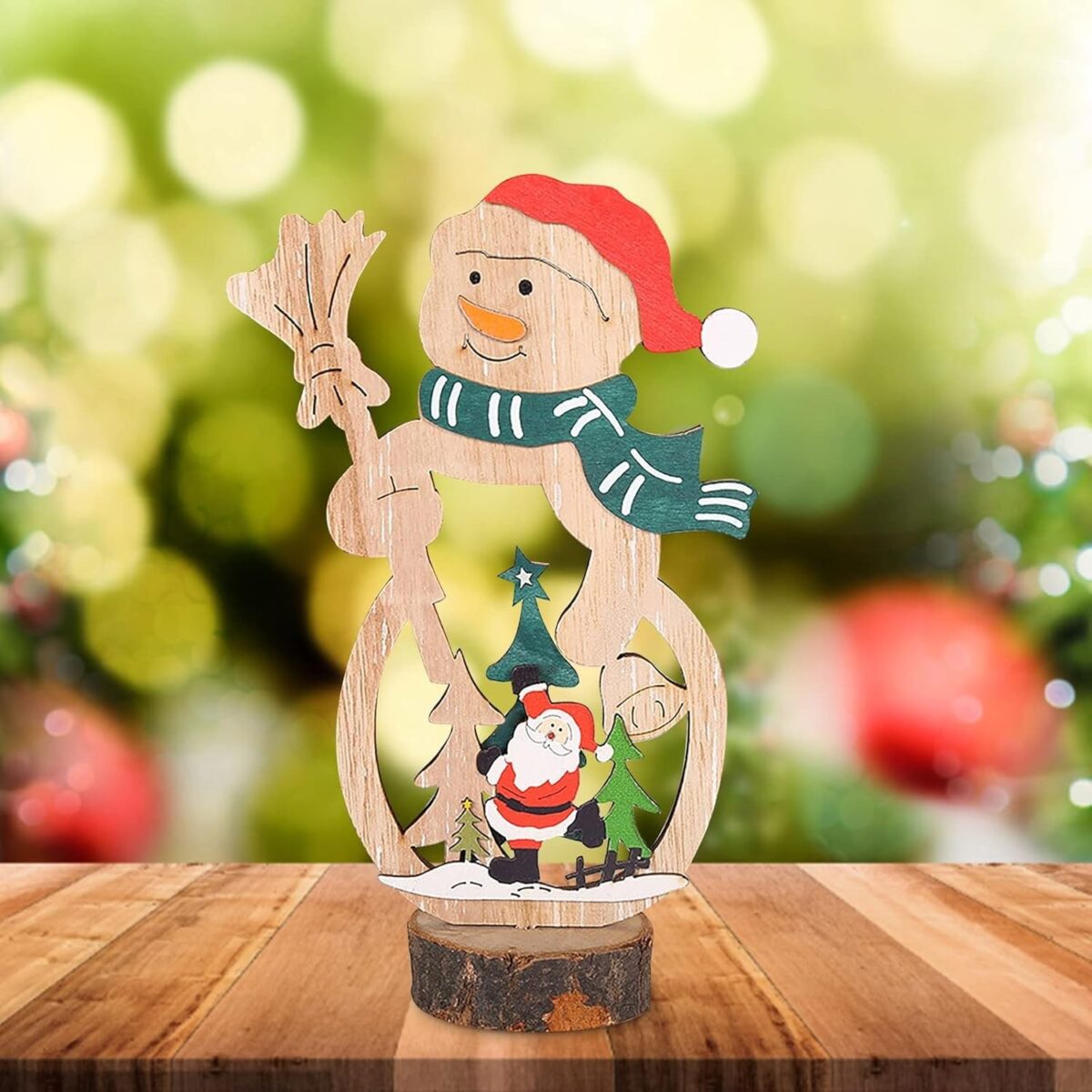 Decoratiune de Craciun, Embo, din Lemn, 11 x 20 cm, Model Om de Zapada cu Caciula Rosie, Multicolor - imagine 3
