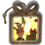 Ornament de Brad, Embo, cu Lumini LED, din Lemn, Model Cadou, Multicolor