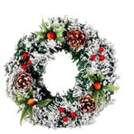 Coronita pentru Craciun Embo, diametru 40 cm, din brad artificial, decorata cu conuri si merisoare, inzapezit, Verde/Alb