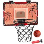 Cos de Baschet pentru Copii, Embo, cu Tablou de Bord Electronic, Minge, Pompa, 2 Moduri, Interior/Exterior, Inel Metalic si Rabatabil cu Arc, Luminos, 41x27.5x5 cm, Multicolor