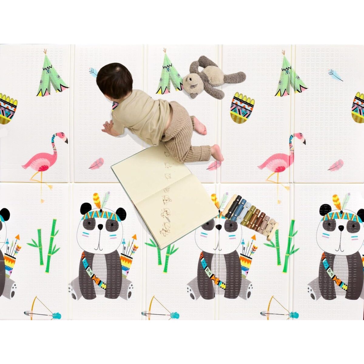 Covoras pentru Copii, Embo, cu 2 Fete, Model Caprioare/Panda, din XPE+PE, Impermeabil, Antiderapant, Protectie Termica, +3 Luni, Pliabil, 150 x 200 x 1 cm, Multicolor - imagine 3