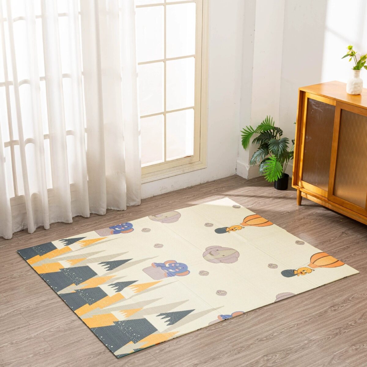 Covoras pentru Copii, Embo, cu 2 Fete, Model Padure/Elefanti, din XPE+PE, Impermeabil, Antiderapant, Protectie Termica, +3 Luni, Pliabil, 180 x 200 x 1.5 cm, Multicolor - imagine 4