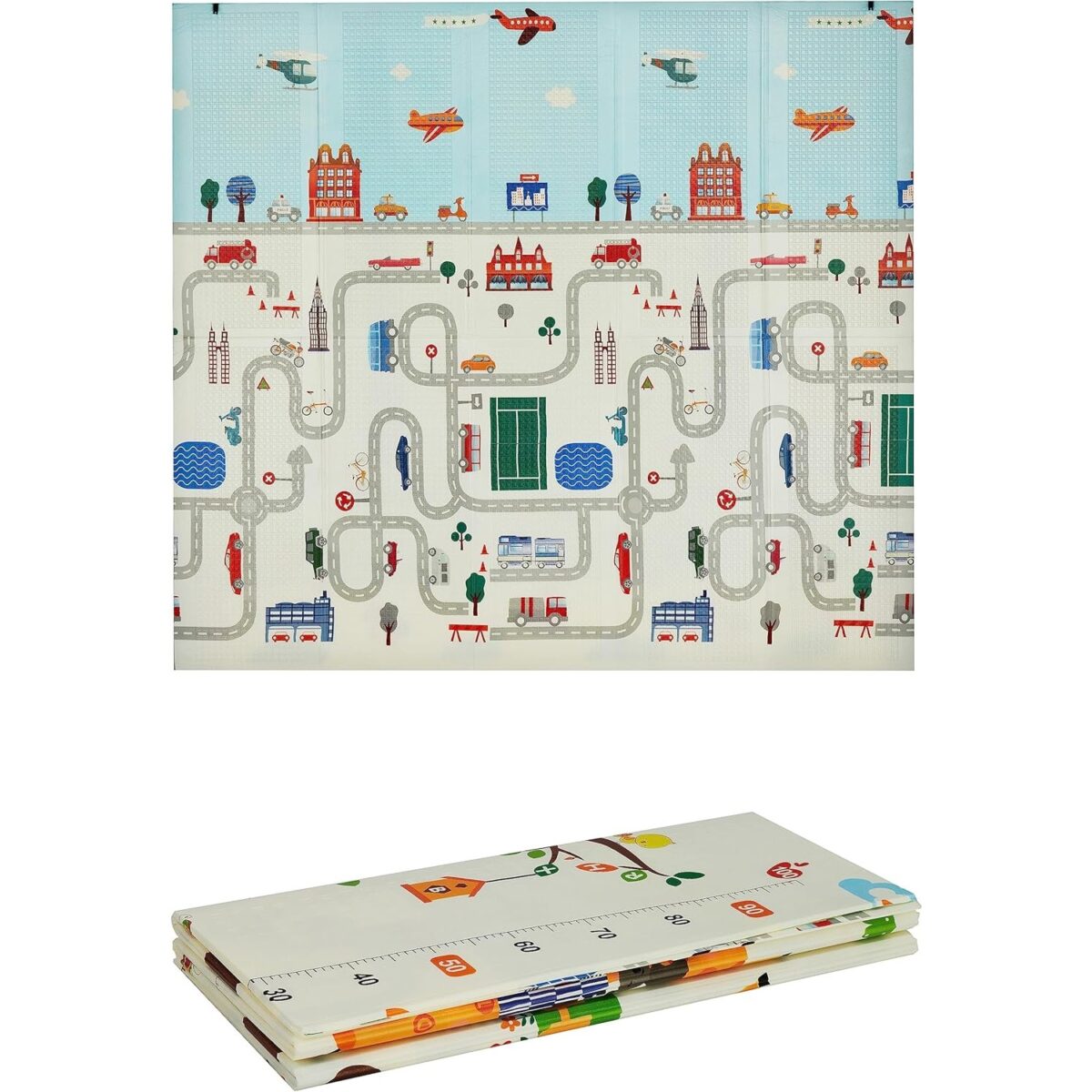 Covoras pentru Copii, Embo, cu 2 Fete, Model Trafic/Girafe, din XPE+PE, Impermeabil, Antiderapant, Protectie Termica, +3 Luni, Pliabil, 180 x 200 x 1 cm, Multicolor - imagine 4