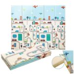 Covoras pentru Copii, Embo, cu 2 Fete, Model Trafic/Girafe, din XPE+PE, Impermeabil, Antiderapant, Protectie Termica, +3 Luni, Pliabil, 180 x 200 x 1 cm, Multicolor